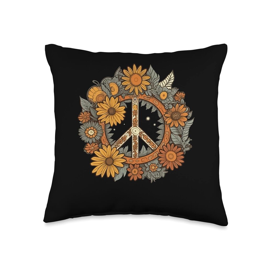 7598 Hippie Daisy Peace Sign Retro Flower Sunflower Throw Pillow